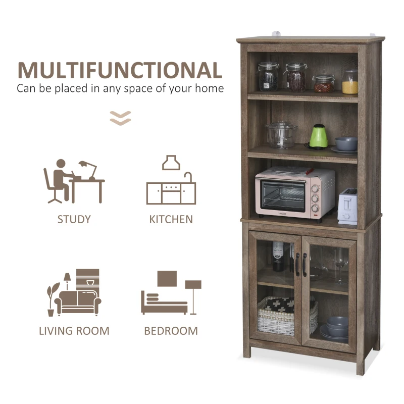 HOMCOM Free standing Kitchen Cupboard with 3 Open Shelves, Glass Door Cabinet, Storage Unit Home Organisation, Brown