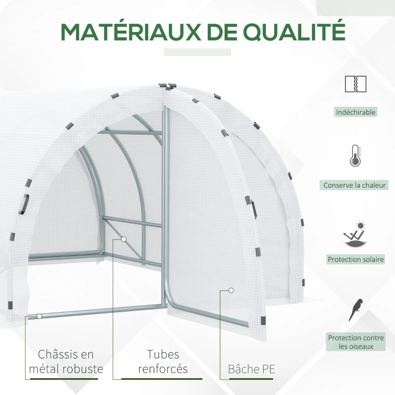 Outsunny Serre de Jardin Tunnel Surface Sol 12 m² 4L x 3l x 2H m châssis Tubulaire renforcé 25 mm Double Porte avec poignées Blanc