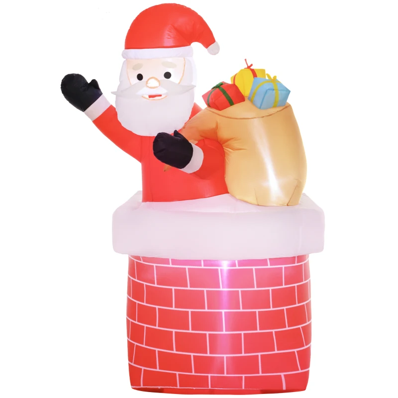 Outsunny Papá Noel Inflable con Bolsa de Regalos Saliendo de una Chimenea Luces LED para Exterior Rojo