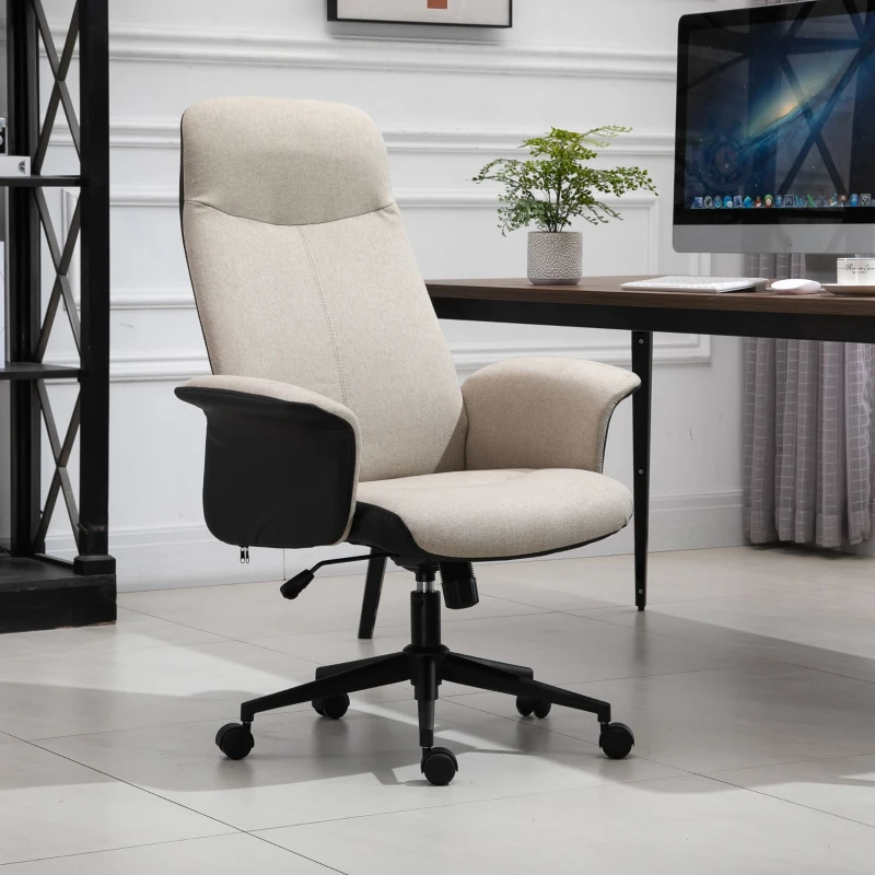 Vinsetto Office Chair, Linen Fabric Desk Chair, Comfortable Computer Chair with Adjustable Height, Padded Armrests and Swivel Wheels, Beige