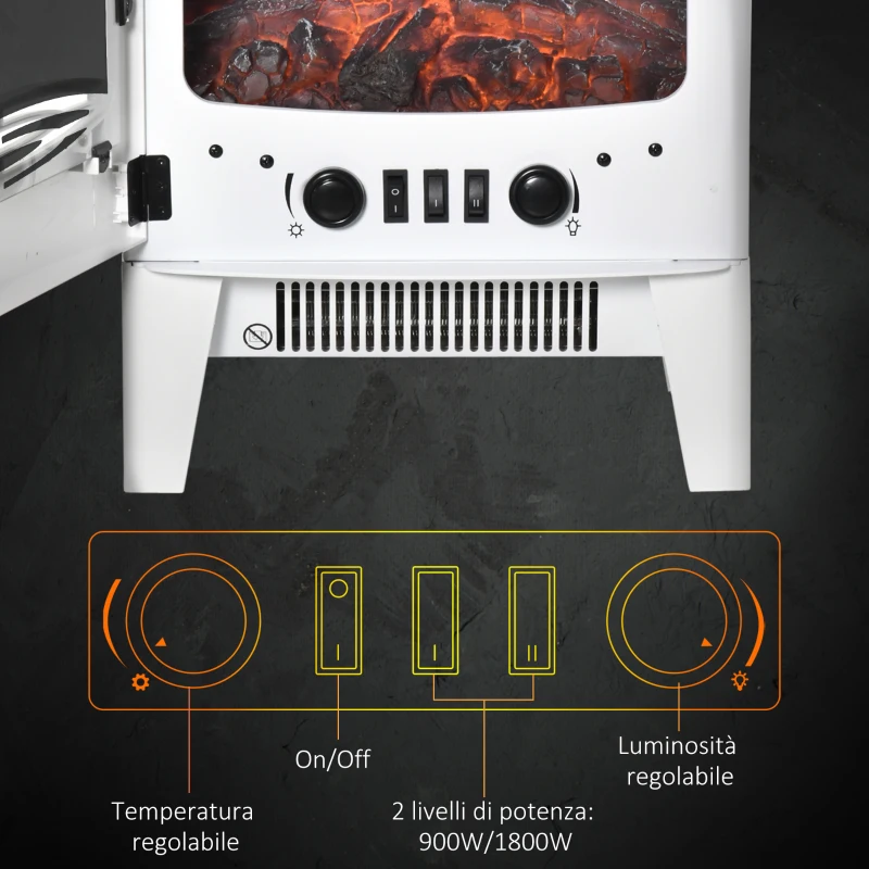 HOMCOM Camino Elettrico Effetto Fiamma e 3 Lati Aperti, Temperatura Regolabile 900W-1800W, Protezione da Surriscaldamento, Copertura 20-25m², 39x26x54.8cm, Bianco