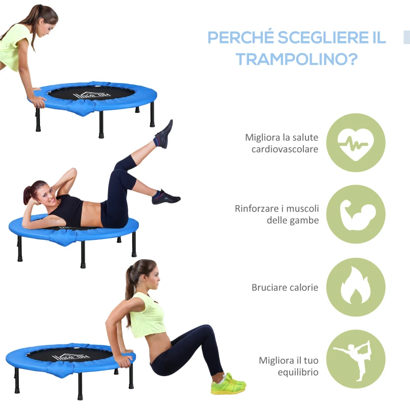 HOMCOM Trampolino Elastico Fitness Pieghevole da Giardino, Φ101.5 x 23cm, Blu e Nero