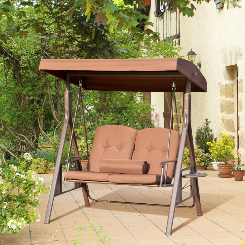 Outsunny Dondolo da Giardino 2 Posti con Tettuccio Regolabile e Porta Bicchieri, 157x118x180 cm, Marrone
