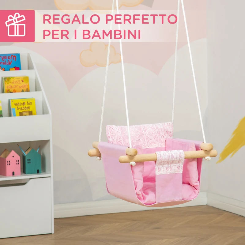 Outsunny Seggiolino Altalena per Bambini in Tessuto e Legno con Cuscino, 40x40x180cm, Rosa
