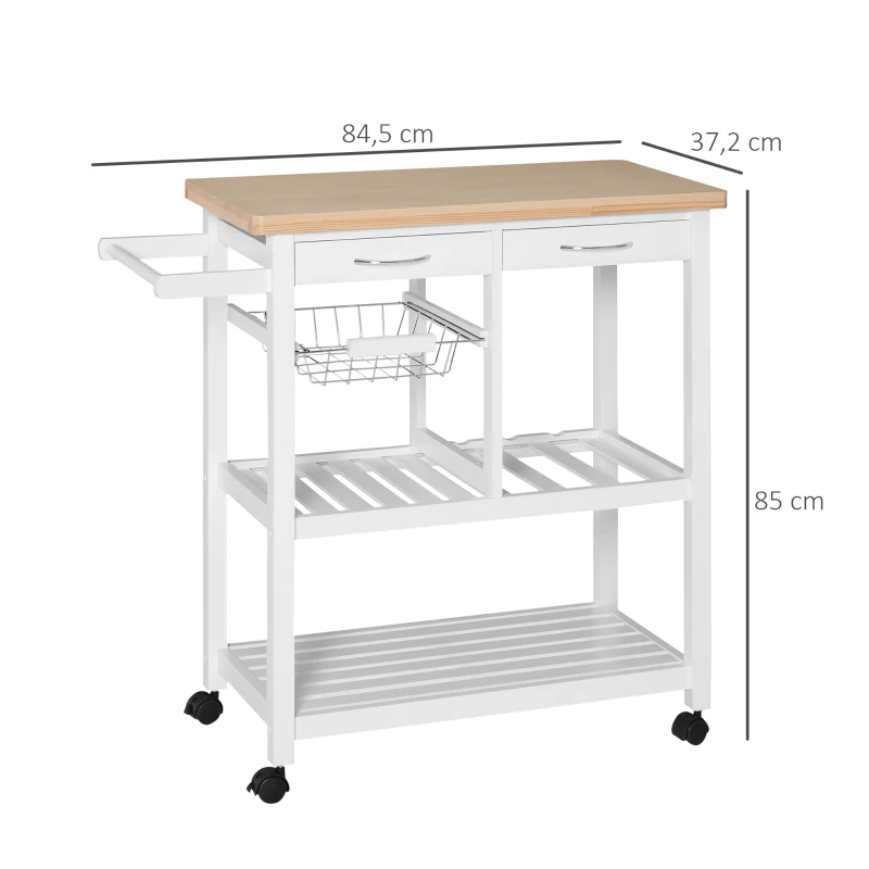 HOMCOM Chariot de service desserte de cuisine à roulettes multi-rangements 85L x 37l x 85H cm plateau bois massif pin châssis MDF blanc