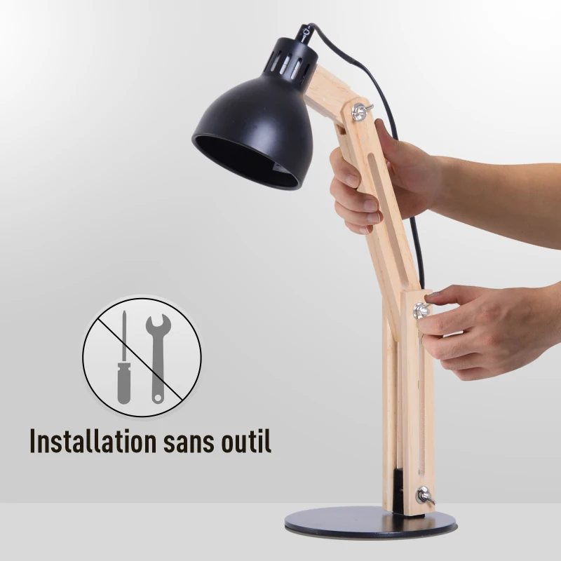HOMCOM Lampe de table lampe de bureau style scandinave néo-rétro dim. 26L x 15l x 41H cm hauteur angle réglable bois pin métal noir