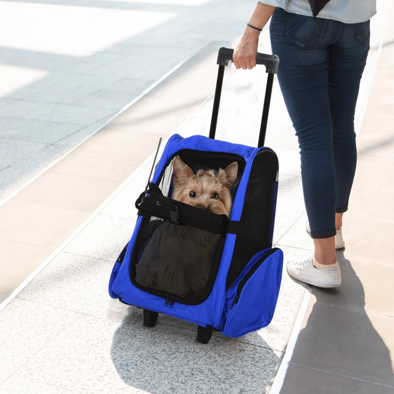 PawHut Trasportino Zaino 2 in 1 per Cani e Gatti con Tasche Laterali, Maniglia Telescopica e Ruote, 42x25x55cm, Azzurro