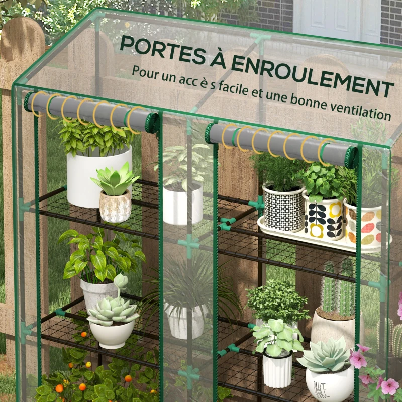 Outsunny Mini serre de jardin 3 niveaux avec bâche en plastique, 2 portes enroulables, 6 étagères, dim. 143L x 46l x 141/151H cm