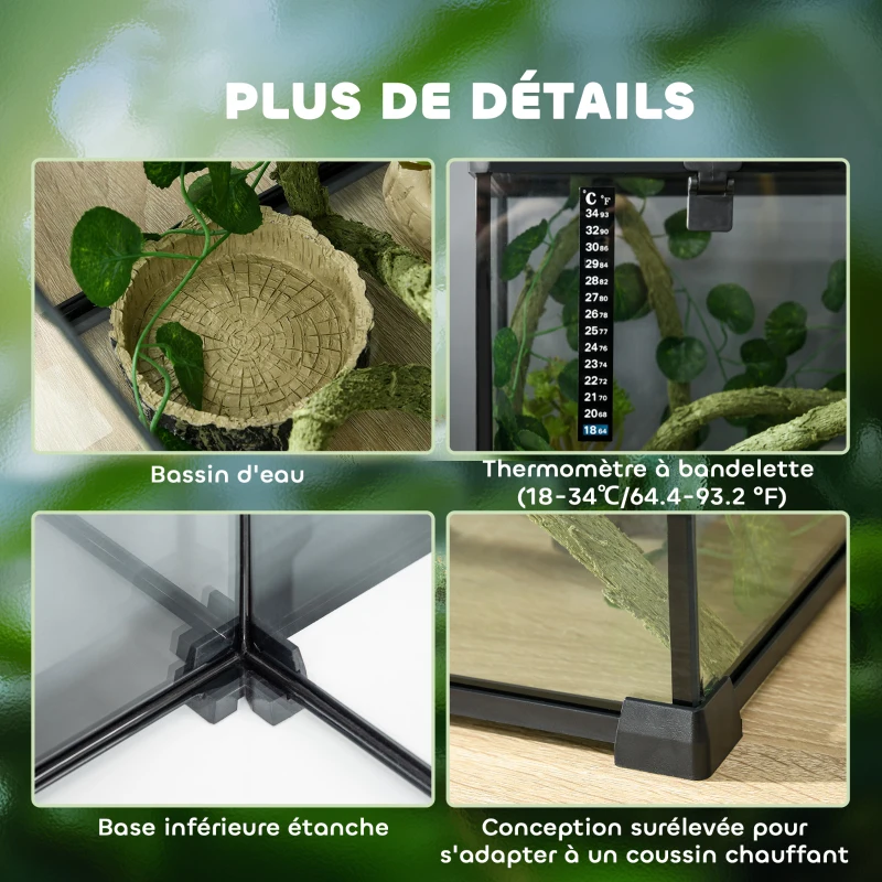PawHut Boîte à reptiles habitat de terrarium transparent couvercle coulissant treillis métallique noir