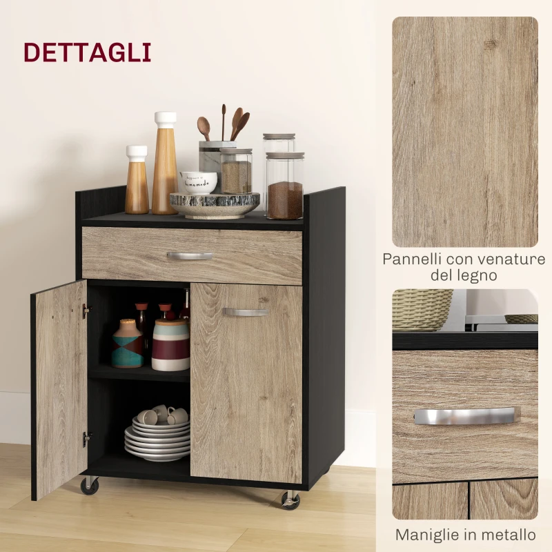 HOMCOM Carrello da Cucina con Cassetto, Armadietto e 4 Ruote in Legno, 60x40x77cm, Nero