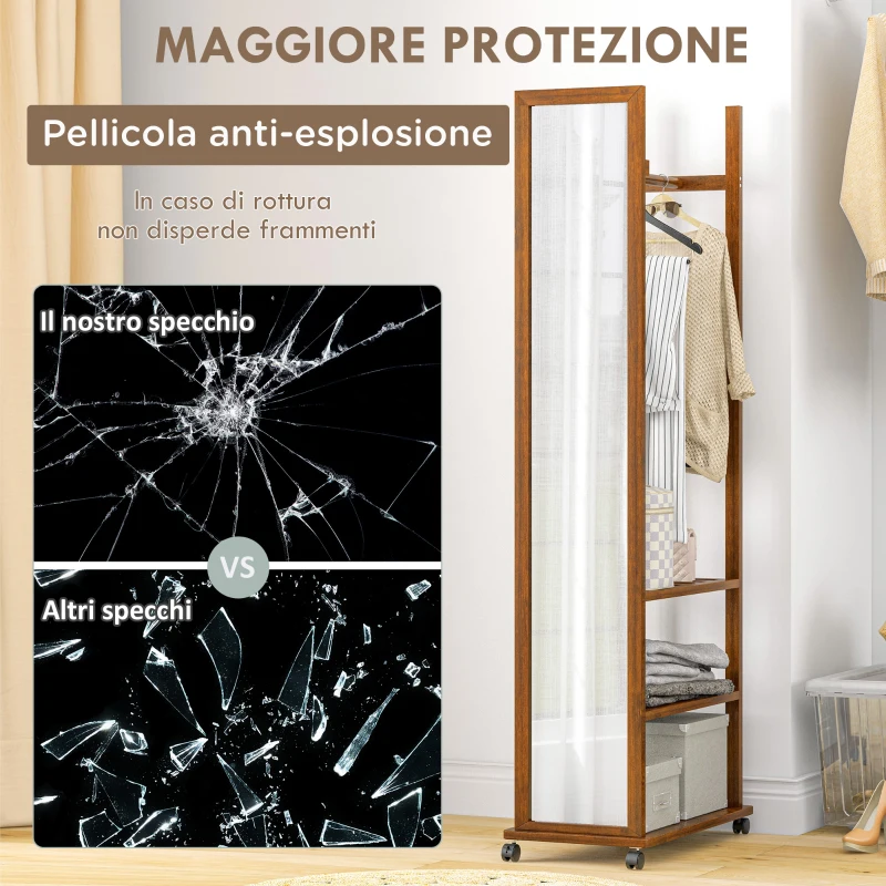 HOMCOM Specchio da Camera e Ingresso con 3 Ripiani Inferiori e Binario, in Legno e Vetro, 35.8x59.8x170 cm