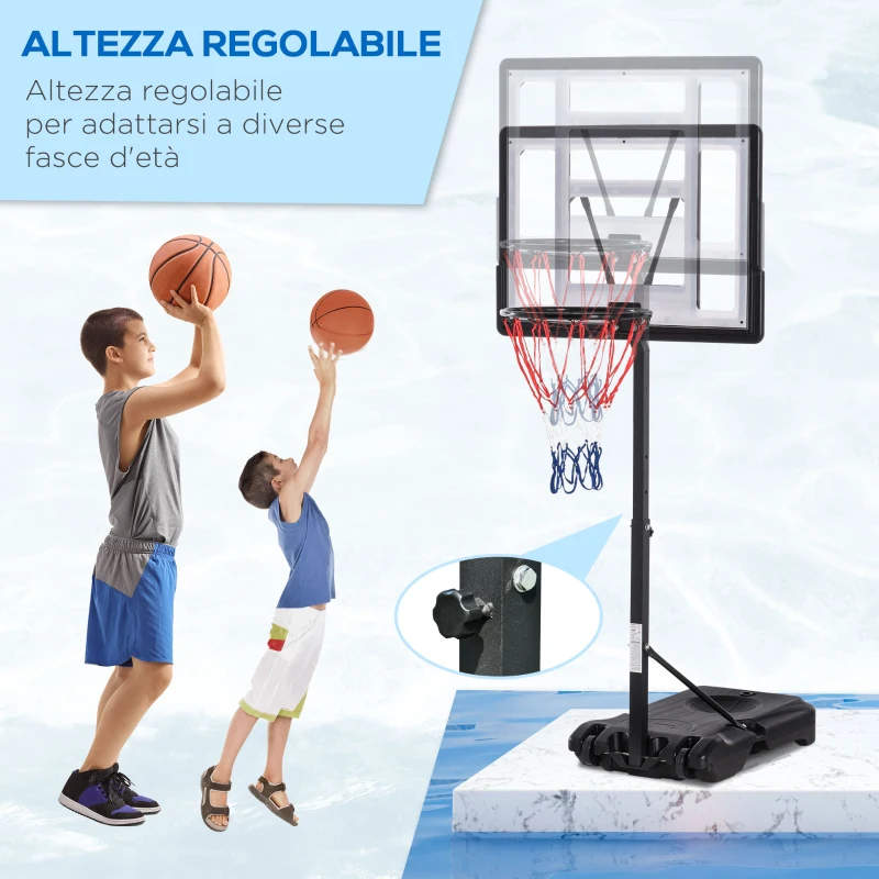 HOMCOM Canestro Portatile per Bambini, Altezza Regolabile 110cm, 130cm e Base da Riempire con Acqua (35kg) o Sabbia (45kg)