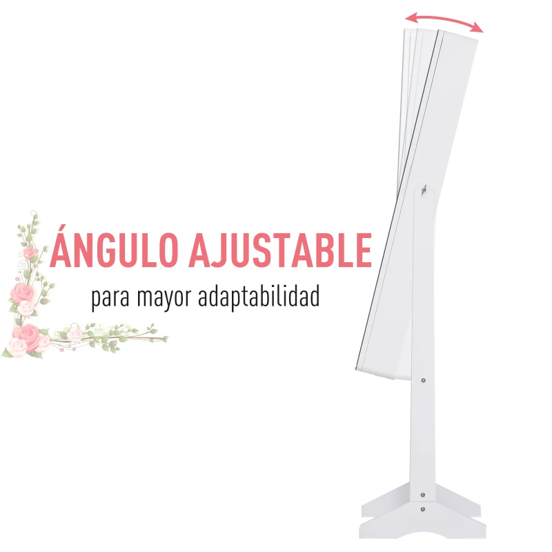 HOMCOM Joyero de Pie con Espejo Armario para Joyas Luces Reclinable Guardajoyas Anillos Pendientes Collares 30x36x146cm Blanco