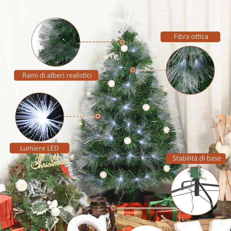 HOMCOM Albero di Natale Artificiale 150cm con Luci Incorporate e 180 Rami, Albero di Natale con Luci a LED e Fibre Ottiche, Base Pieghevole Rimovibile