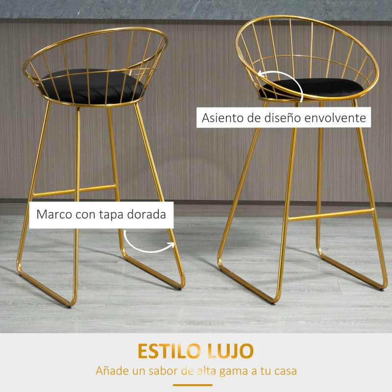 HOMCOM Juego de 2 Taburetes Altos de Cocina con Asiento de Tela Taburetes de Bar Sillas Acapulco 52,5x47x97 cm Dorado