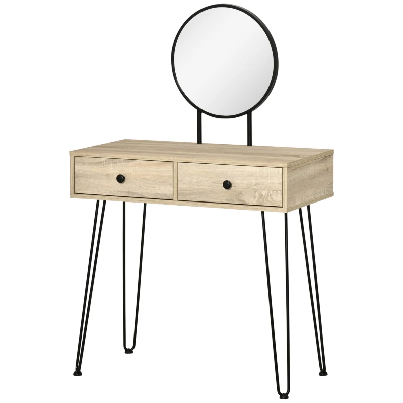 HOMCOM Tocador Mesa de Maquillaje con Espejo Redondo 2 Cajones y Patas de Metal Estilo Moderno para Dormitorio Vestidor 80x40x125 cm Roble