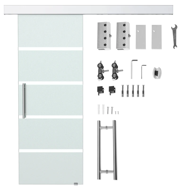 HOMCOM Schiebetür Komplettset Zimmertür 77,5 x 205 cm Wandmontage Schiebetürsystem mit Laufschiene Innentüren Komplett-Set für Schiebetüren Trennwände, Milchglas Streifen