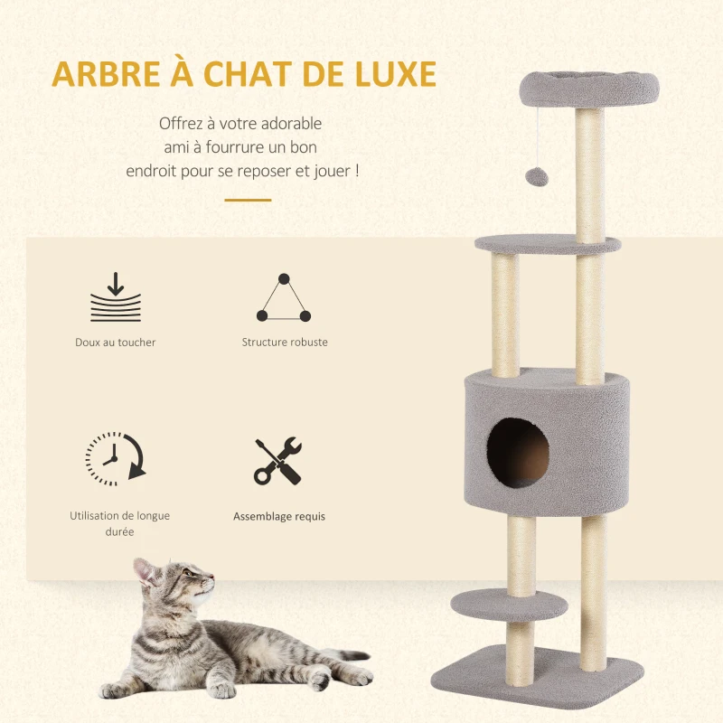 PawHut Arbre à chats avec griffoir arbre à grimper pour chat avec niche et plate-formes peluche haute densité hauteur 148 cm gris