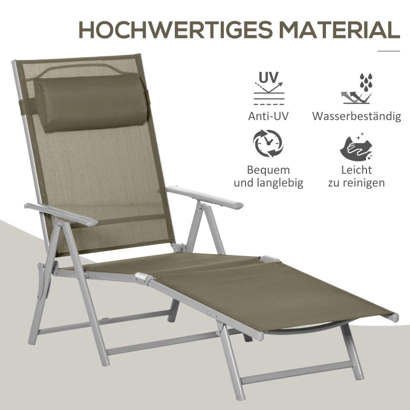 Outsunny Sonnenliege Strandliege Gartenliege Relaxliege klappbar mit Kissen Strand Metall+Stoff Khaki 137 x 63,5 x 100,5 cm