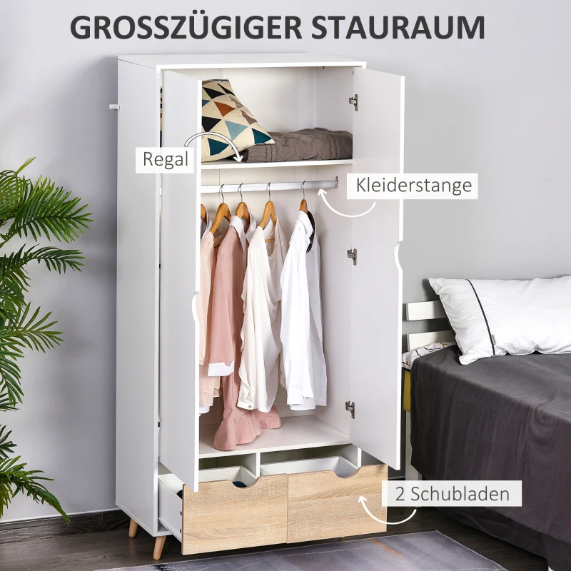 HOMCOM Kleiderschrank Garderobe Schrank mit Stange Schublade für Wohnzimmer Schlafzimmer Weiß+Natur 80 x 40 x 180 cm
