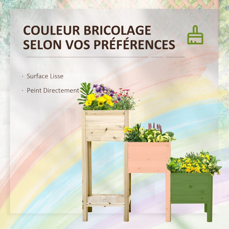 Outsunny Jardinière sur Pieds carré Potager 3 étages dim. 125L x 45l x 108H cm Inserts d'irrigation étagère Bois Sapin Naturel