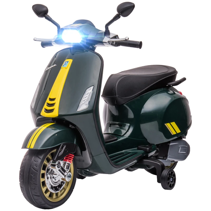 AIYAPLAY 12V Vespa Licensed Kids Electric Motorbike w/ Music, Headlights, FM Radio, for 3-6 Years - Green