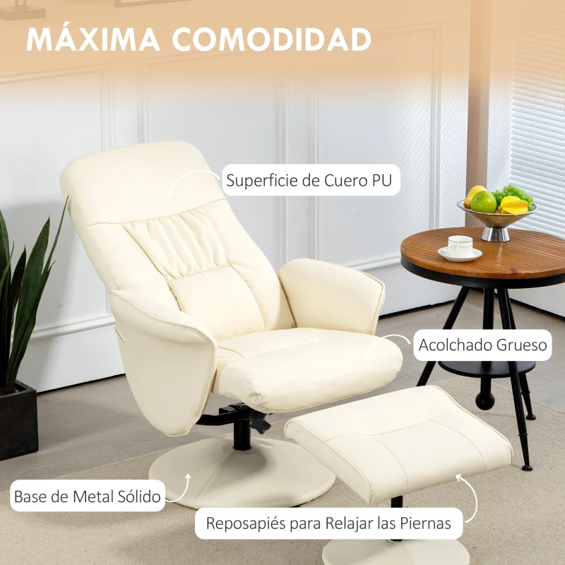 HOMCOM Sillón de Relax con Reposapiés Respaldo Reclinable hasta 145° para Salón Dormitorio Oficina 76x81x101 cm Crema