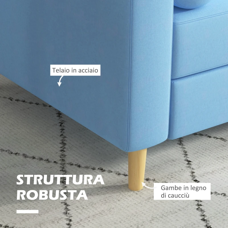 HOMCOM Divano 3 Posti in Tessuto con 2 Cuscini a Cilindro, 180x81x83cm, Azzurro