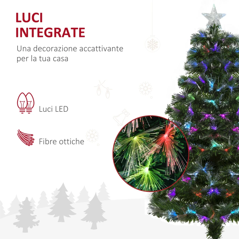 HOMCOM Albero di Natale 120cm con 130 Luci a LED e Fibre Ottiche Colorate, 130 Rami in PVC Ignifughi e Base in Metallo