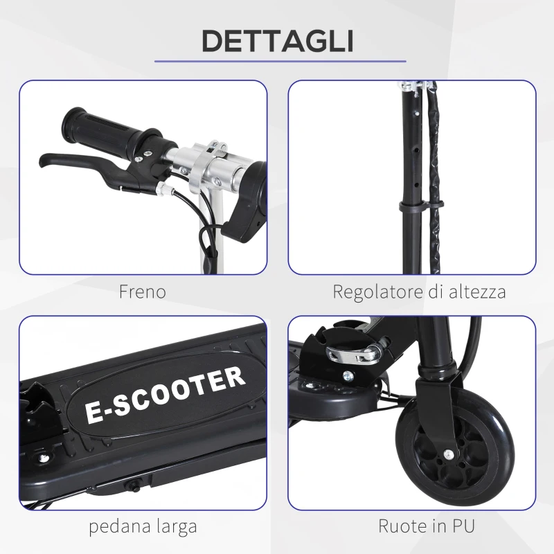 HOMCOM Monopattino Elettrico per Bambini Pieghevole da 120W, Velocità Max 12km/h e Portata 50kg, 74x36x82.5-92.5 cm, Nero