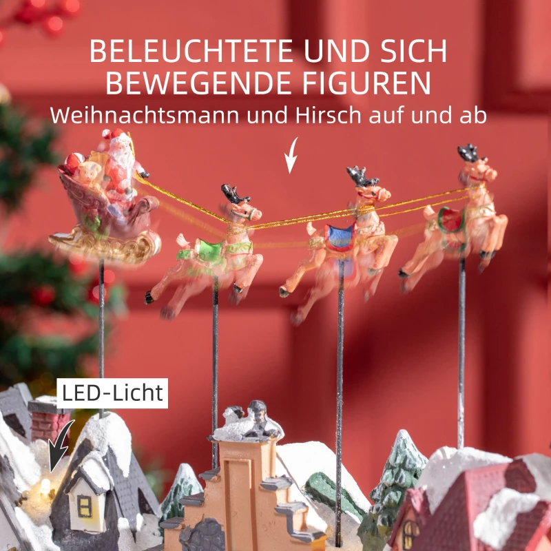 HOMCOM Weihnachtsdeko, Weihnachtsdorf, 22 bunte LEDs, bewegliches Weihnachtsgespann, 38,5 x 20,5 x 33cm