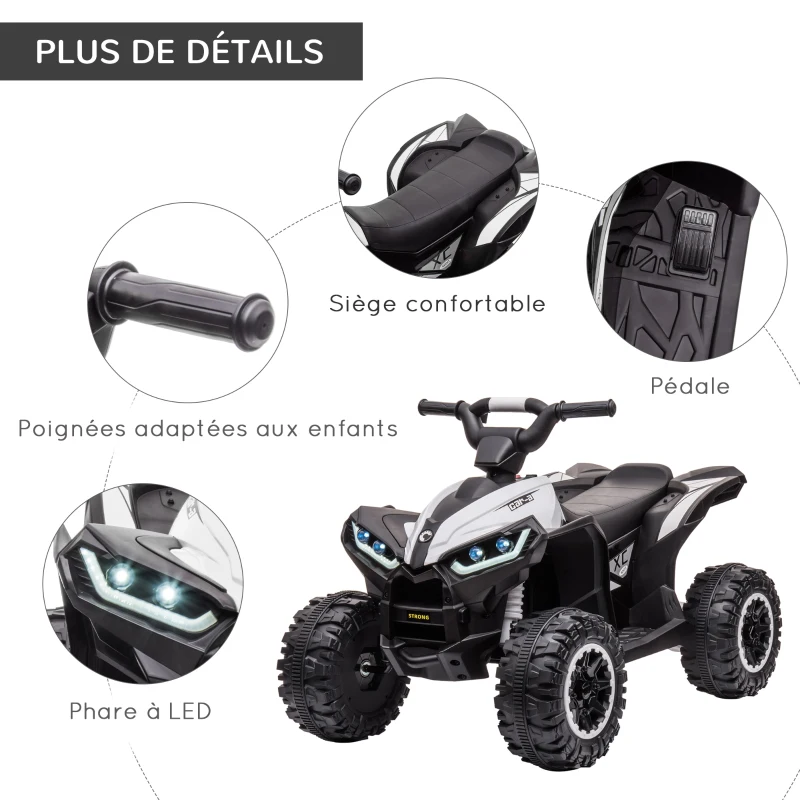 HOMCOM Quad buggy électrique enfant 12 V 6 Km/h max. effets lumineux selle pour enfant 3-5 ans métal PP noir blanc(m-7)