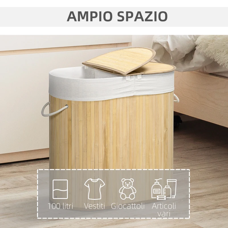 HOMCOM Cesto Portabiancheria a 2 Sezioni, 2 Coperchi e Capacità 100L con Sacca Interna Removibile, 62.5x37x60.5 cm