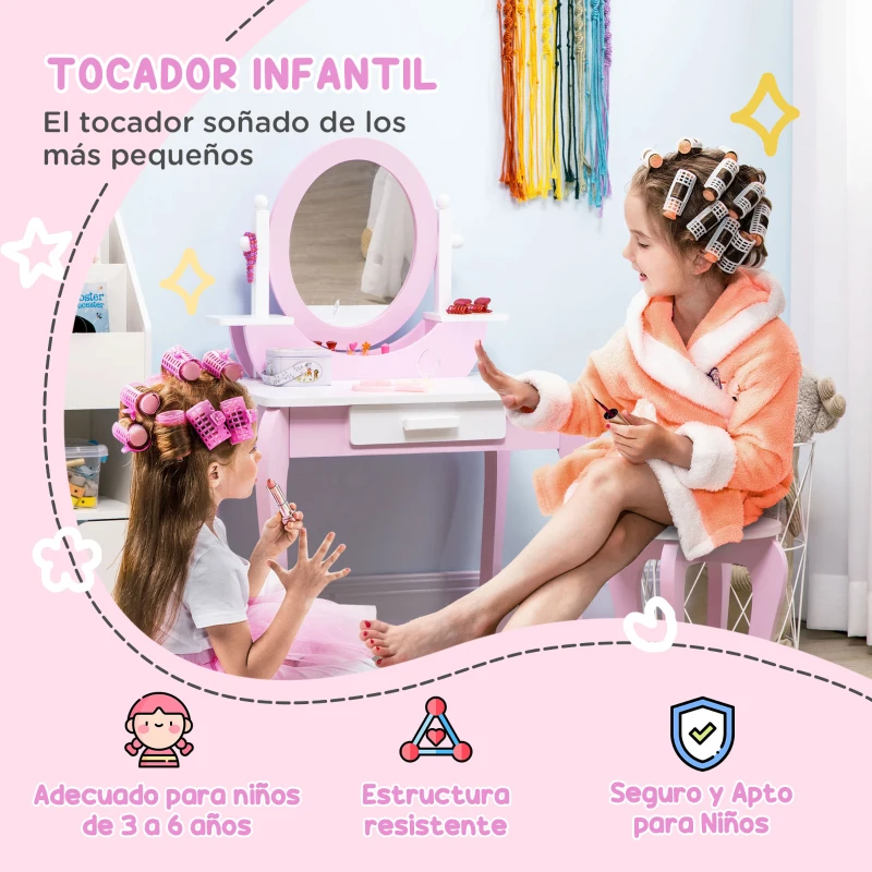 ZONEKIZ Tocador de Madera Infantil con Taburete y Espejo Centro de Belleza con 1 Cajón para 3-6 Años 65,5x46x93 cm Rosa