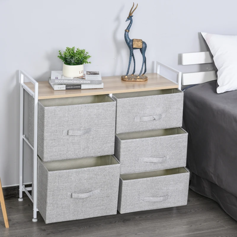 HOMCOM 5 Drawer Linen Basket Storage Unit Home Organisation w/ Shelf Handles Metal Frame Adjustable Feet Hallway Home Dresser Grey