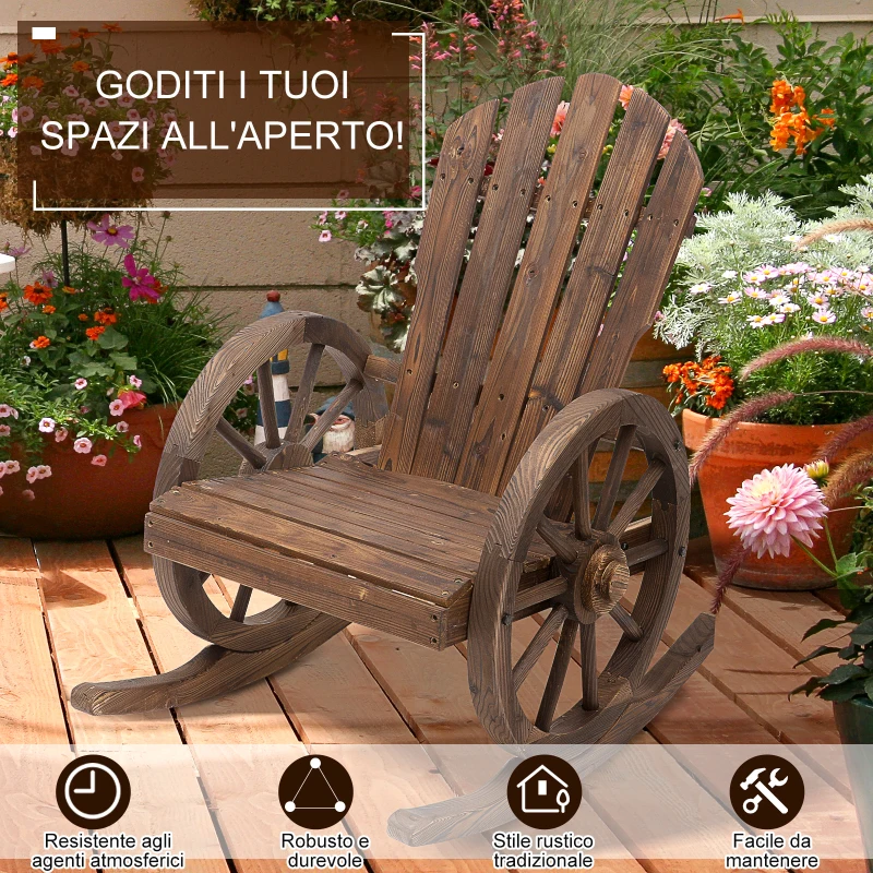 Outsunny Sedia a Dondolo Stile Adirondack, Design Rustico con 2 Ruote, Legno di Abete Rosso Effetto Bruciato, 88x68x92cm