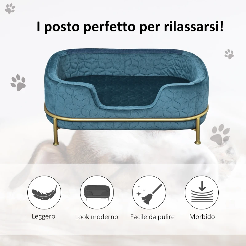 PawHut Divano per Cani e Gatti Imbottito in Velluto con Base in Metallo, 63.5x43x24.5cm
