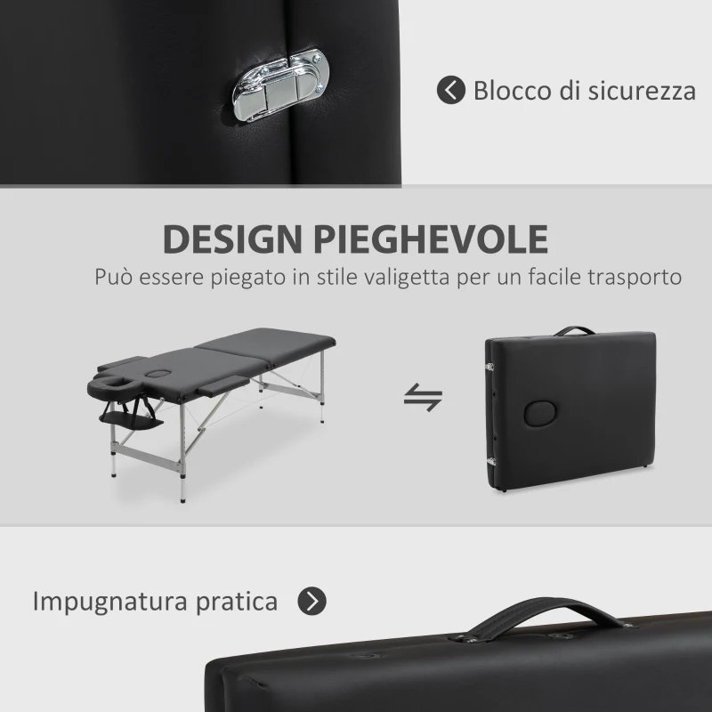 HOMCOM Lettino per Massaggio Portatile e Pieghevole con Altezza Regolabile e Seduta Imbottita, 186x71x62-83 cm, Nero