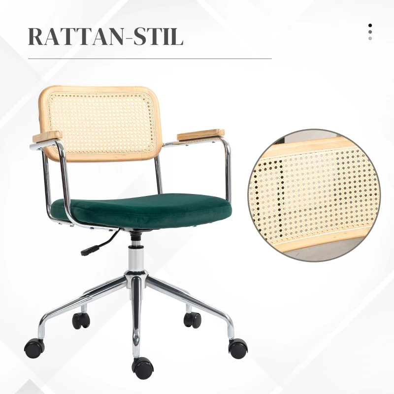 HOMCOM Bürostuhl, Boho-Design, Holzarmlehnen, drehbar, verstellbar, bis 120 kg, Stahl, Grün(m-4)