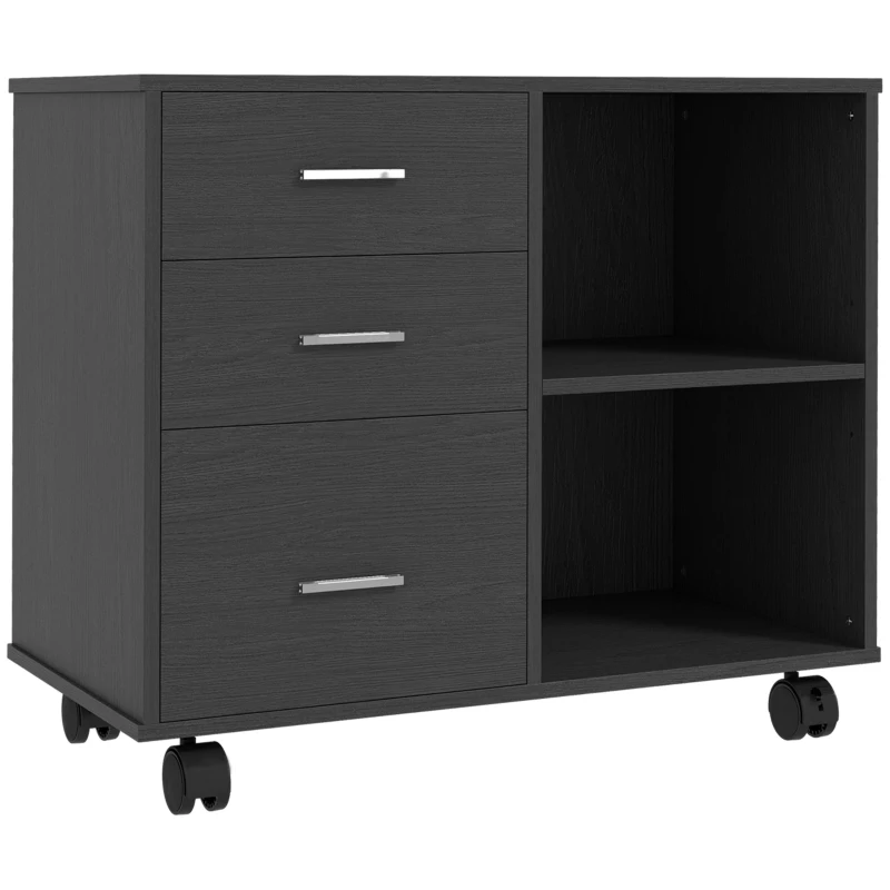 HOMCOM Freestanding Printer Stand Unit Office Desk Side Mobile Storage w/ Wheels 3 Drawers, 2 Open Shelves Modern Style 80L x 40W x 65H cm - Black