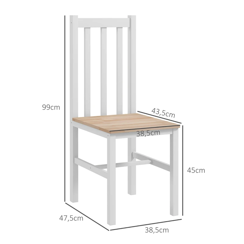 HOMCOM Juego de 2 Sillas de Comedor y Cocina con Respaldo de Listones Estructura de Madera de Pino 38,5x47,5x99 cm Blanco