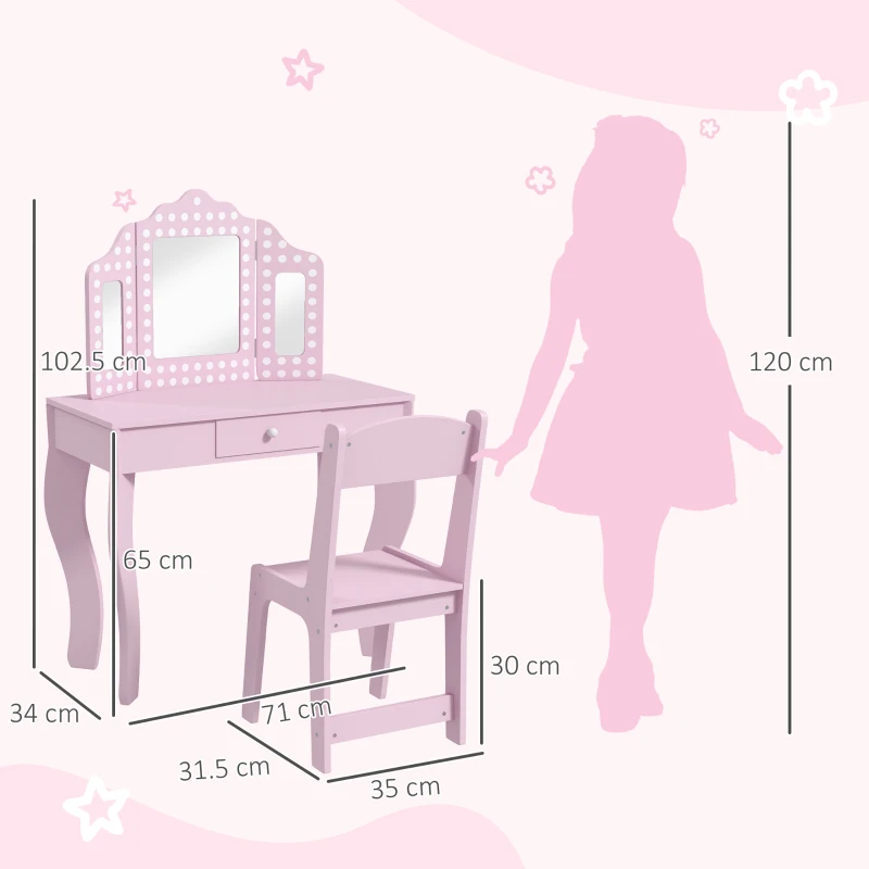 AIYAPLAY Kids Dressing Table Sets with Stool and Tri-Fold Mirror, Drawer for Playroom, Bedroom - Pink