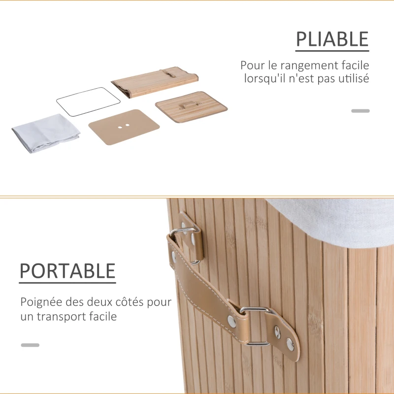 HOMCOM Panier à linge corbeille à linge bac à linge bambou pliable couvercle sac amovible 3 poignées PU 40L x 30l x 60H cm beige