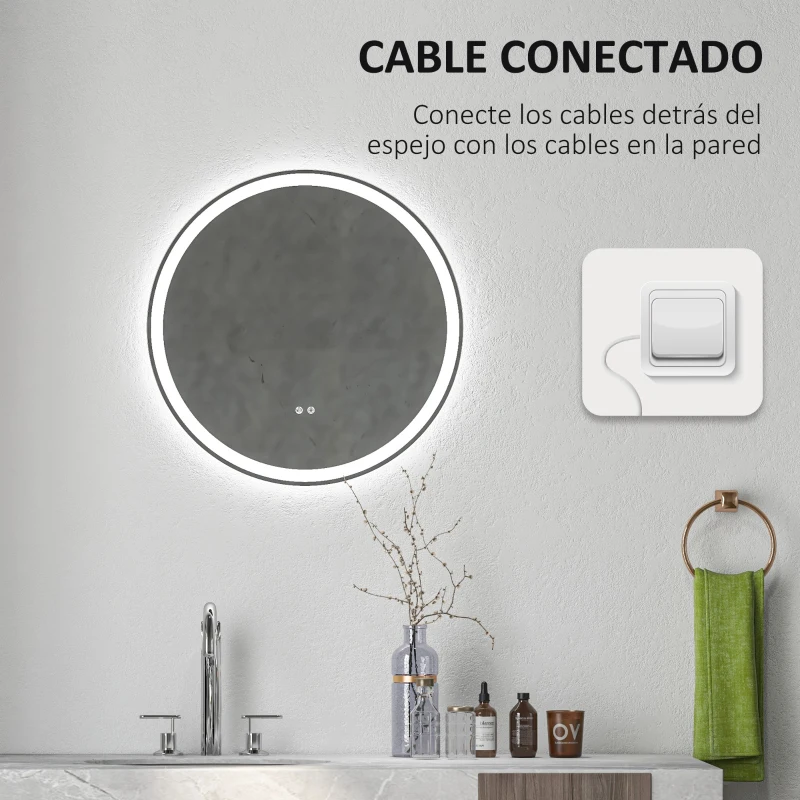 kleankin Espejo para Baño Redondo Ø60 cm con Luces LED Ajustable Antivaho Función de Memoria e Interruptor Táctil Plata