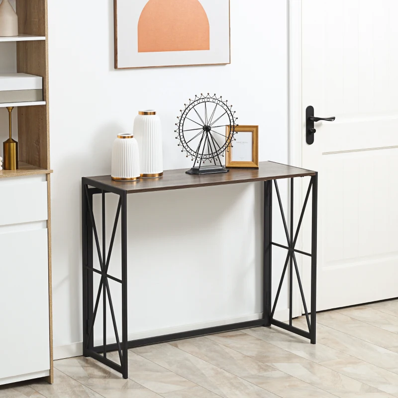 HOMCOM Mesa Consola de Entrada de Estilo Industrial con Marco de Metal Plegable y Encimera de Madera 100x38x80 cm Marrón