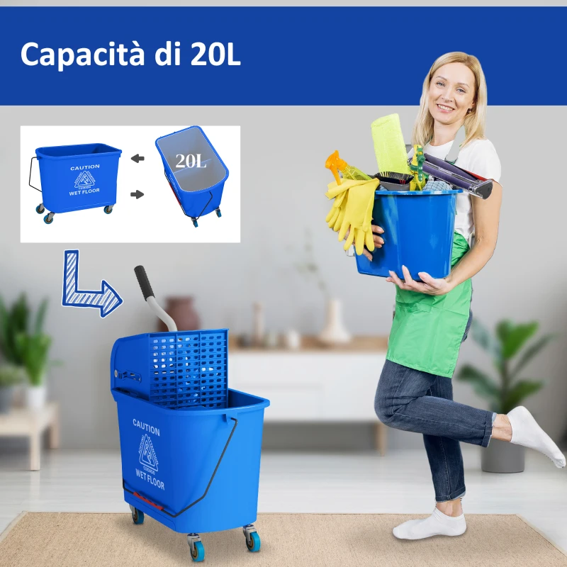 HOMCOM Carrello per Pulizie in Plastica PP da 20L con Secchio e Strizzatore, 60x27x70.5 cm, Blu