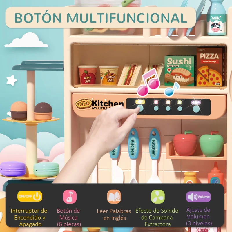 HOMCOM Cocina de Juguete para Niños de +3 Años con 113 Accesorios Luz Sonidos Agua Vapor Pizarra Fregadero Incluidos Cocinita Infantil Educativa 70x32x92,2 cm Multicolor