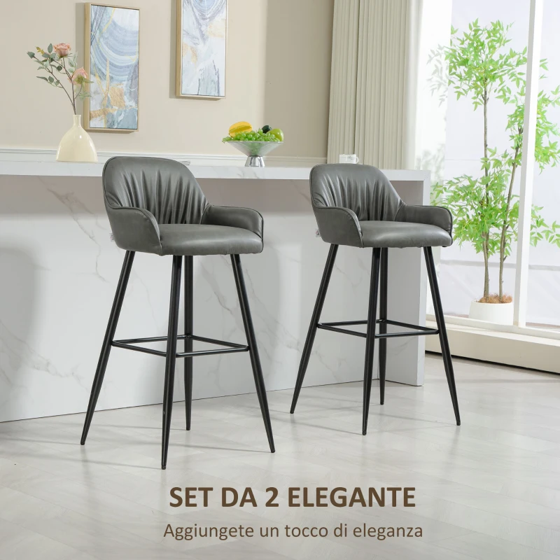 HOMCOM Set 2 Sgabelli da Bar Moderni con Poggiapiedi e Schienale, Finta Pelle PU e Acciaio, Grigio