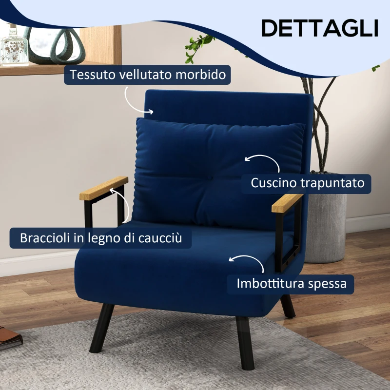 HOMCOM Poltrona Letto 3 in 1 con Schienale Reclinabile e Cuscino, in Tessuto Effetto Velluto, 63x73x81 cm, Blu