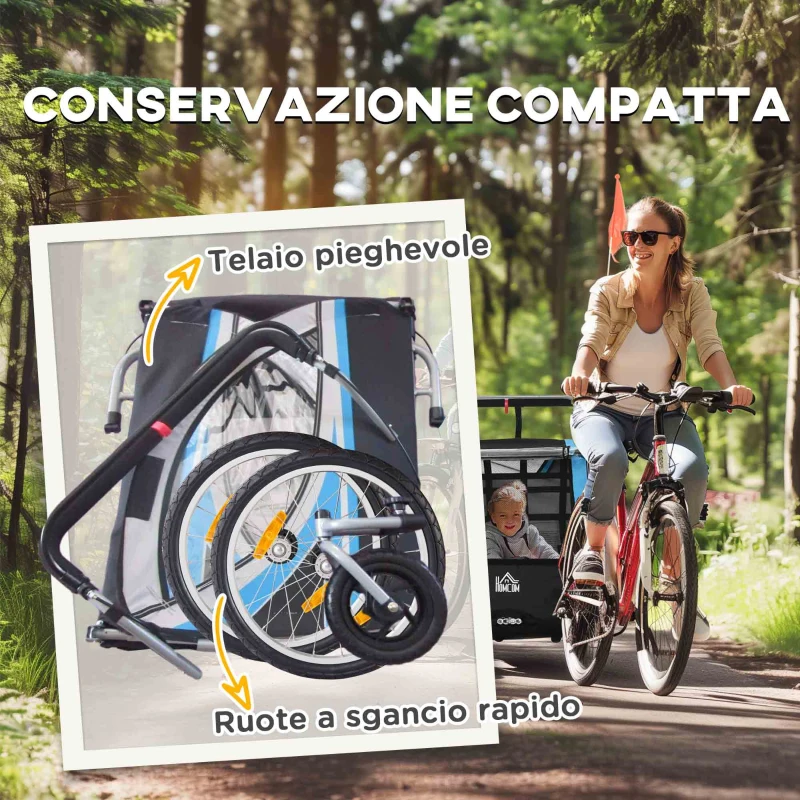 HOMCOM Rimorchio Bici per Bambini e Passeggino 2 in 1 con Cintura,  Tasche e Bandierina, Blu